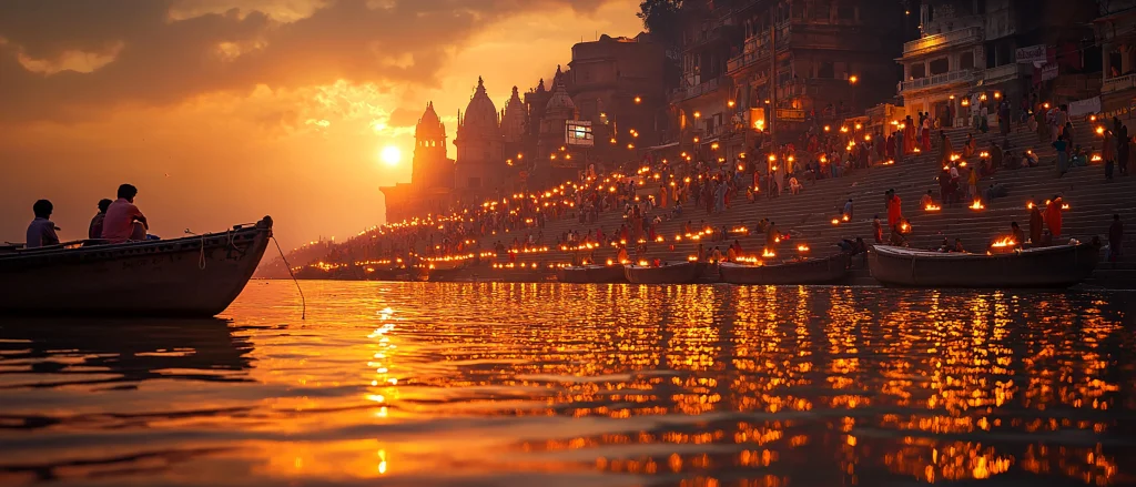 Boat on the Ganga at sunset with glowing lamps and crowded ghats during Haridwar Ganga Aarti — a spiritual highlight of any Uttarakhand trip.