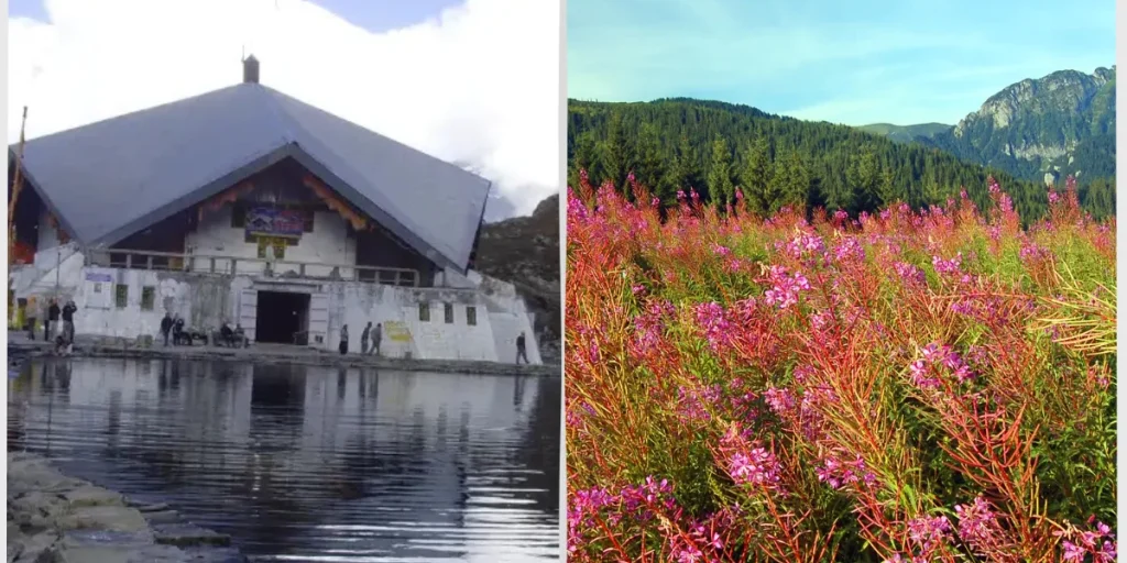  Hemkund Sahib, a mountain gurudwara beside a calm glacial lake with pilgrims nearby, and the Valley of Flowers, a colorful alpine meadow filled with blooming pink wildflowers against a backdrop of green forests and mountains.
