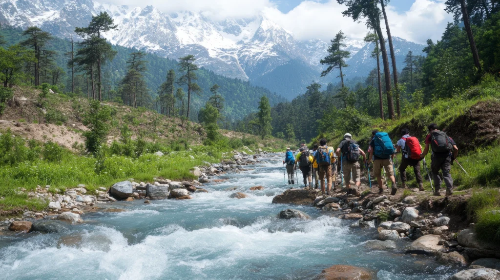 Trekking group walking beside a river, the banner for our adventure tour packages in Uttarakhand