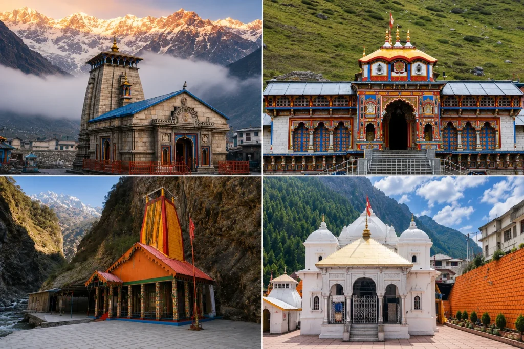 Snow clad temple view promoting the deluxe Char Dham Yatra package 2026 with comfortable hotels