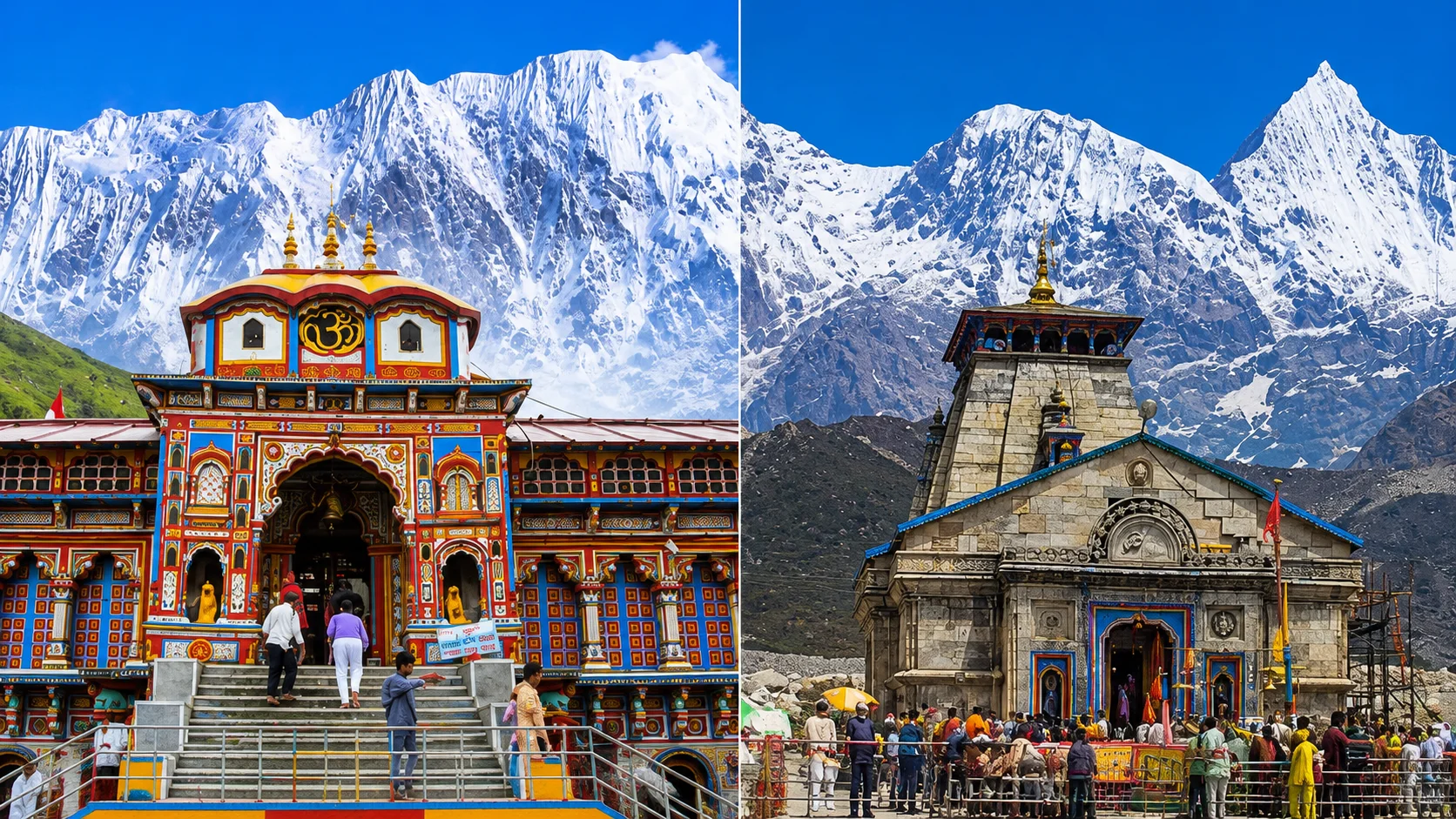 Kedarnath and Badrinath shrines shown for the two shrine version of our Char Dham Yatra package 2026