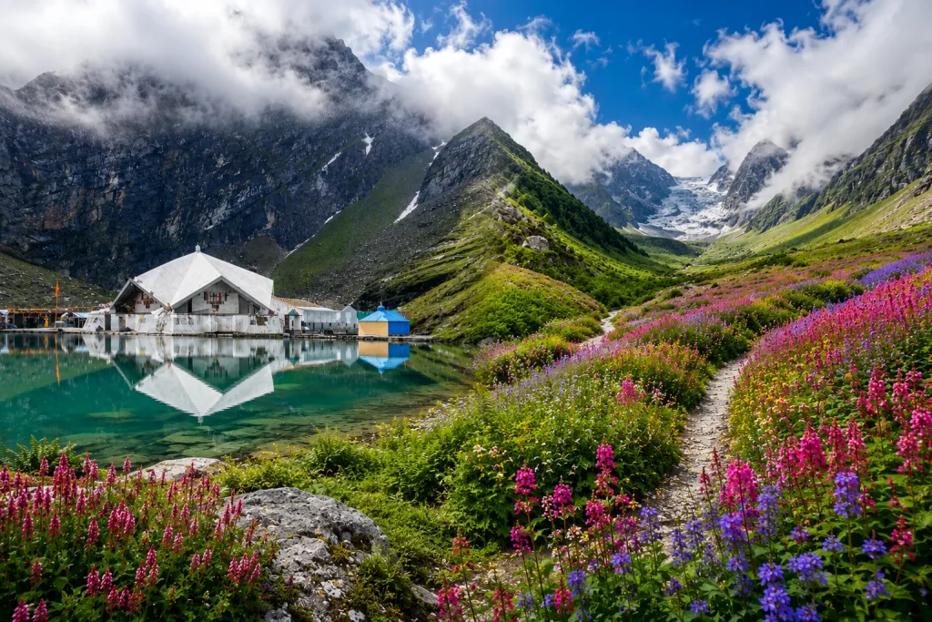 Green Himalayan valley village on the Hemkund Sahib and Valley of Flowers Chardham pilgrimage tour