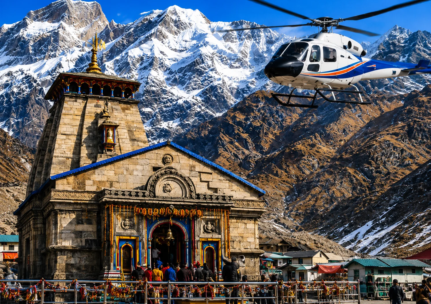 Helicopter above Kedarnath valley, the quickest option within our Char Dham Yatra package 2026
