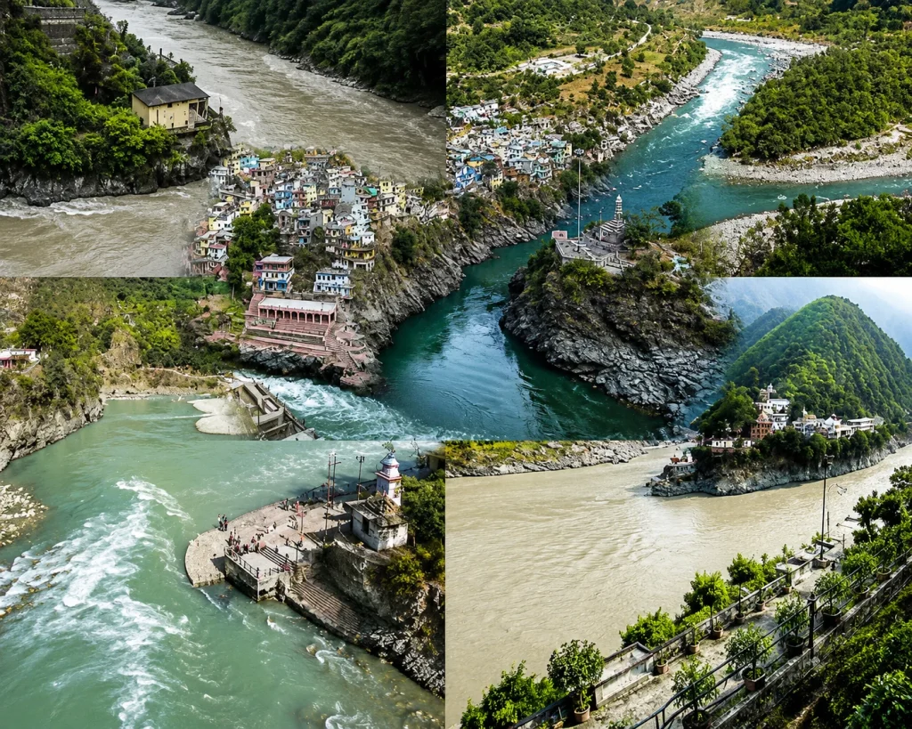 Turquoise river confluence photographed along the Panch Prayag Chardham pilgrimage tour circuit