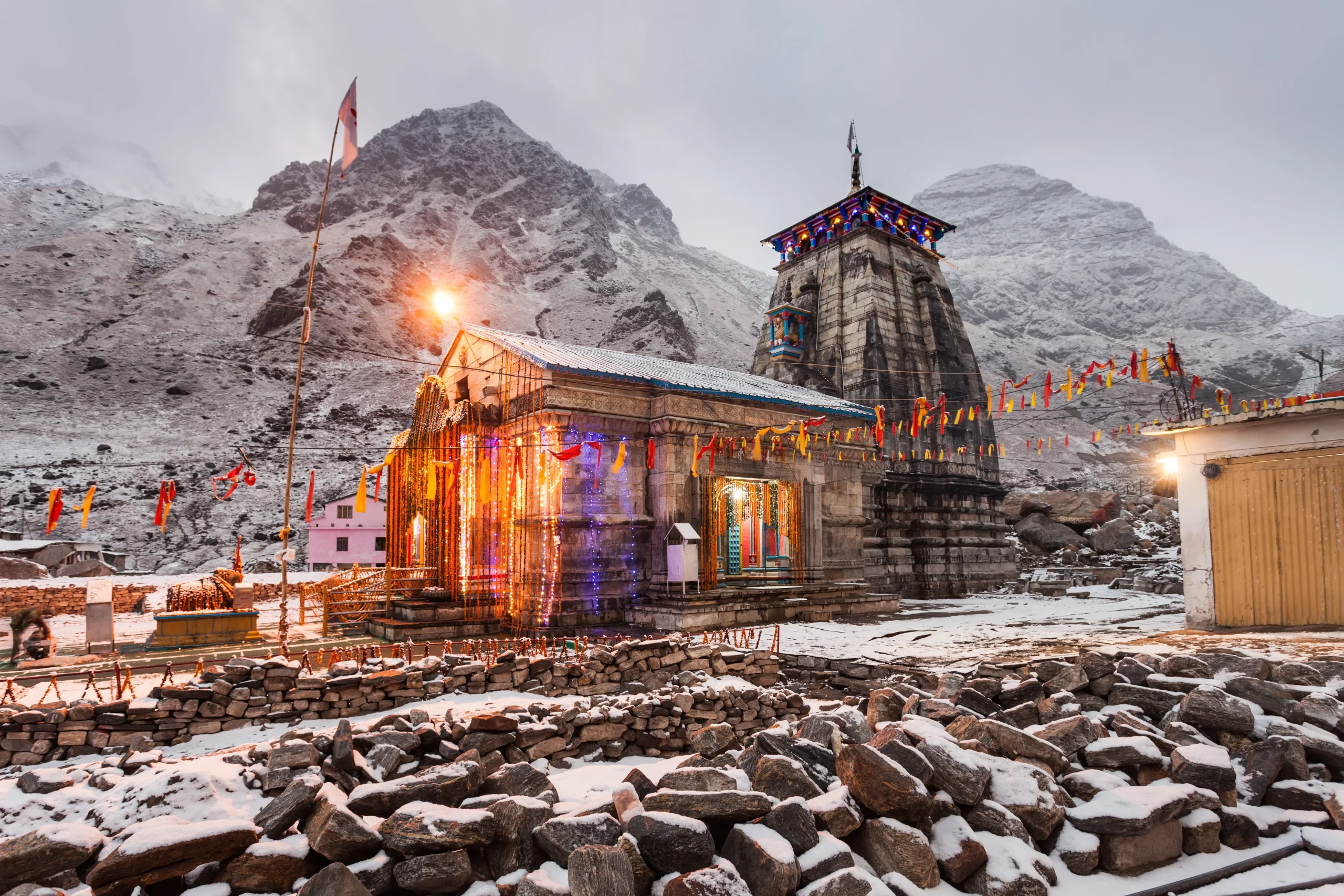 Kedarnath temple lit at dusk, the banner photo for our Uttarakhand travel guide articles