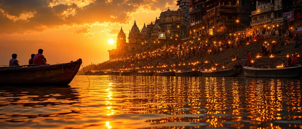 Boat on the Ganga at sunset with glowing lamps and crowded ghats during Haridwar Ganga Aarti — a spiritual highlight of any Uttarakhand trip.