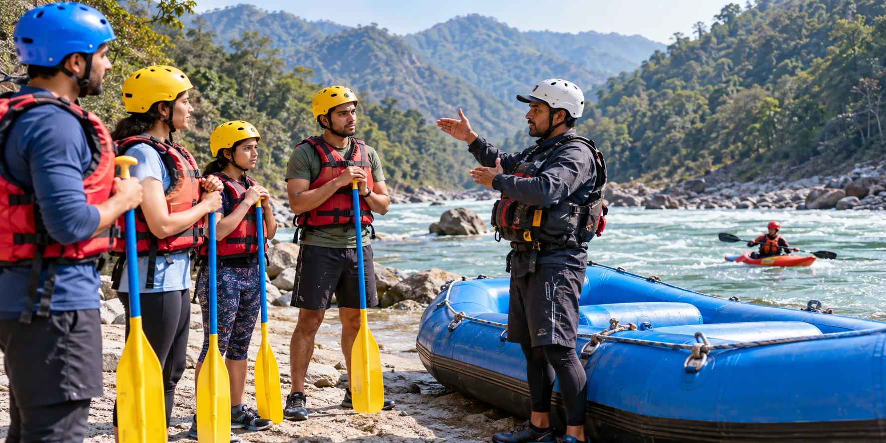 Rafting safety briefing before a Ganga rafting trip in Rishikesh